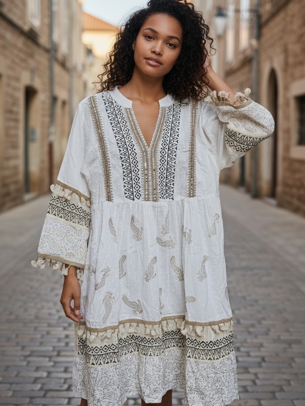 POL White Boho Dress with Black and Gold Embroidery